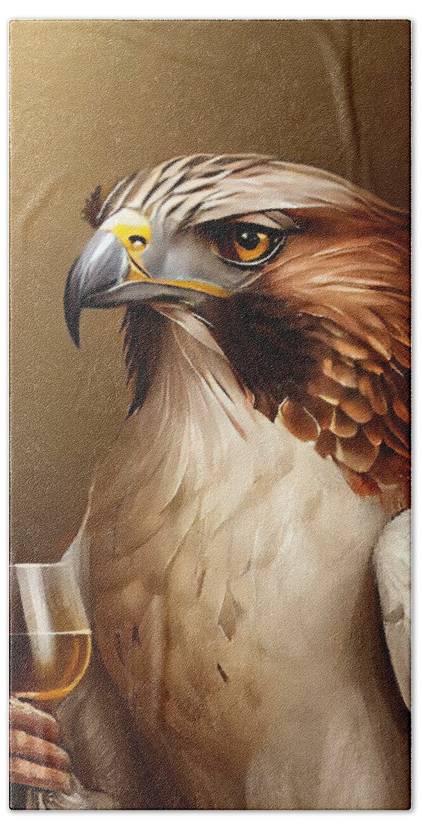 Wildlife Hand Towel featuring the painting Portrait For Eagle Having Drink by N Akkash
