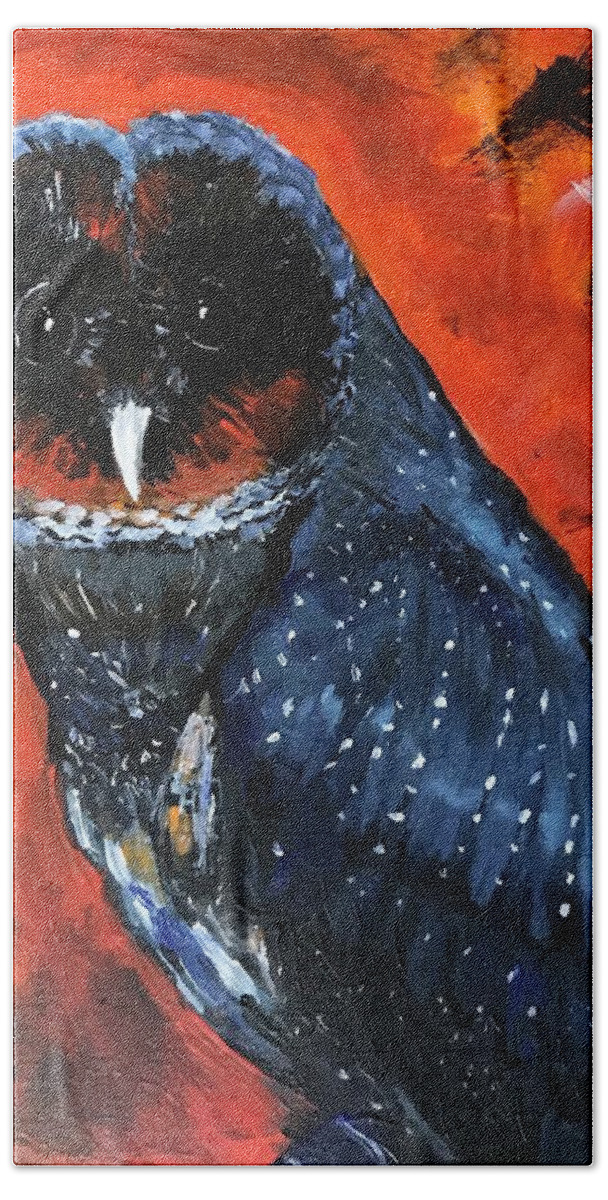Barn Owl Hand Towel featuring the painting Portrait of a Black Barn Owl by Eileen Backman