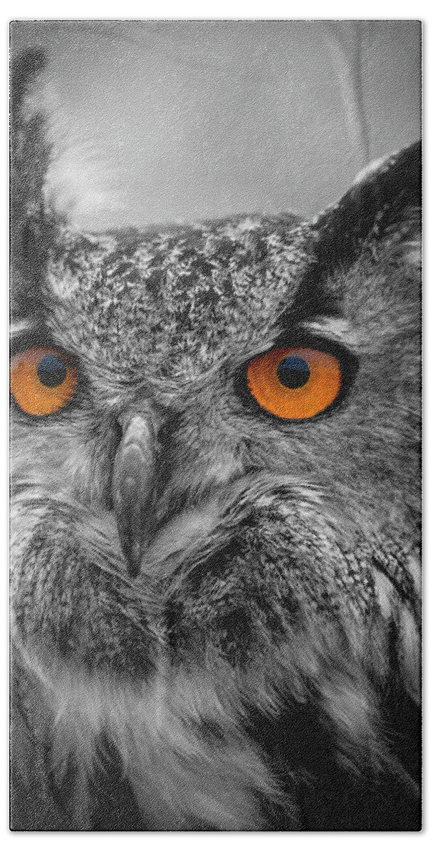 Eagle Owl Bath Towel featuring the digital art Portrait Of A Eagle Owl by Marjolein Van Middelkoop