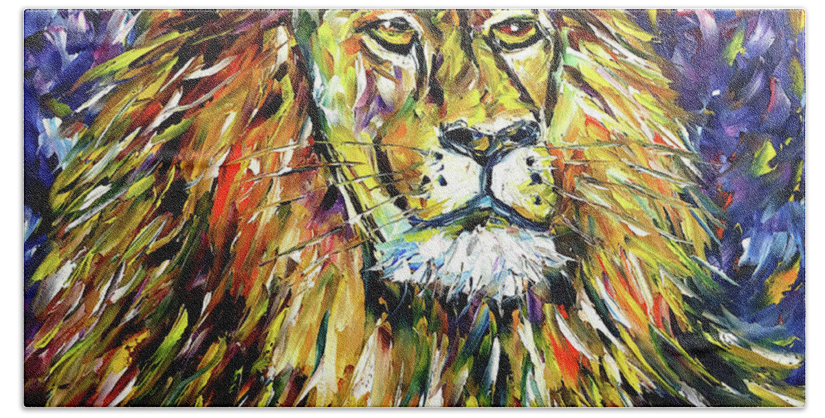 King Lion Painting Bath Towel featuring the painting Portrait Of A Lion by Mirek Kuzniar