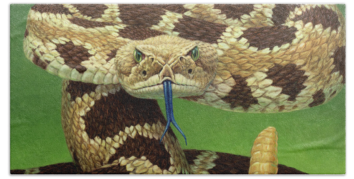 Rattlesnake Hand Towel featuring the painting Portrait of a Rattlesnake by James W Johnson