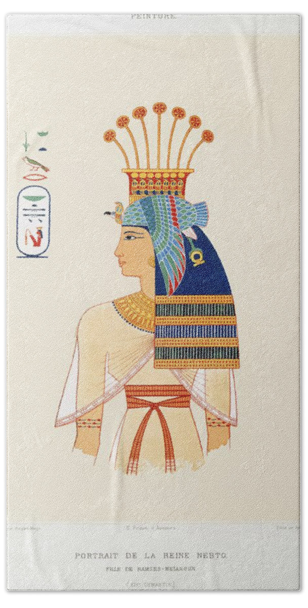 An Illustration Of The Egyptian Bath Towel featuring the painting Portrait of Queen Nebto daughter of Ramses-Meamoun from Histoire de lart egyptien 1878 by Emile Pris by Les Classics