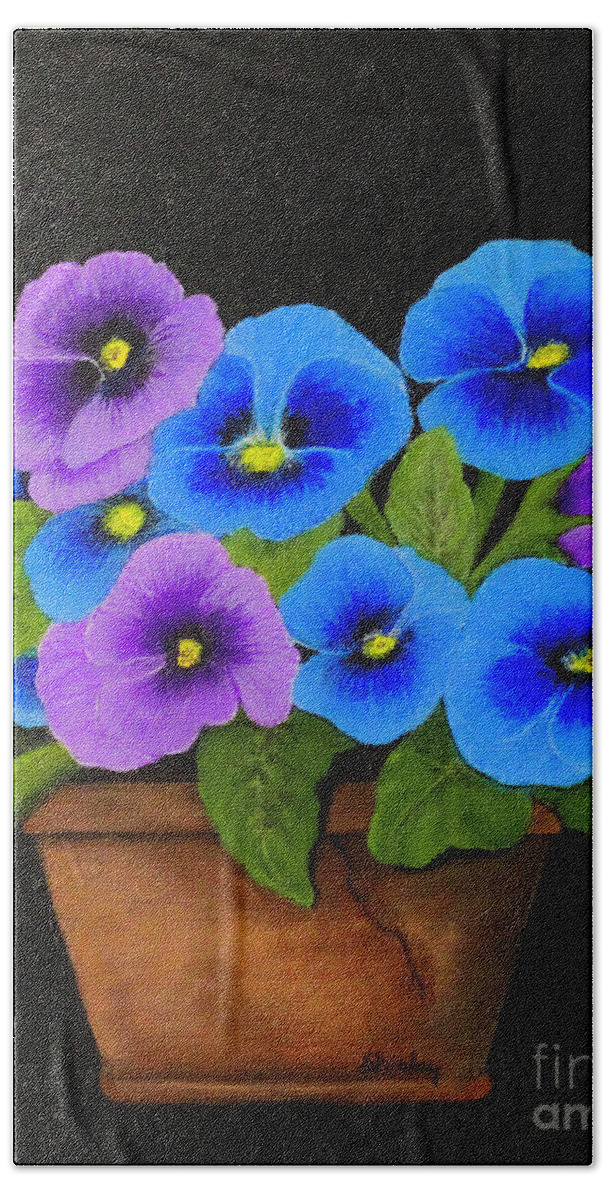 Pansies Bath Towel featuring the painting Potted Pansies by Shirley Dutchkowski
