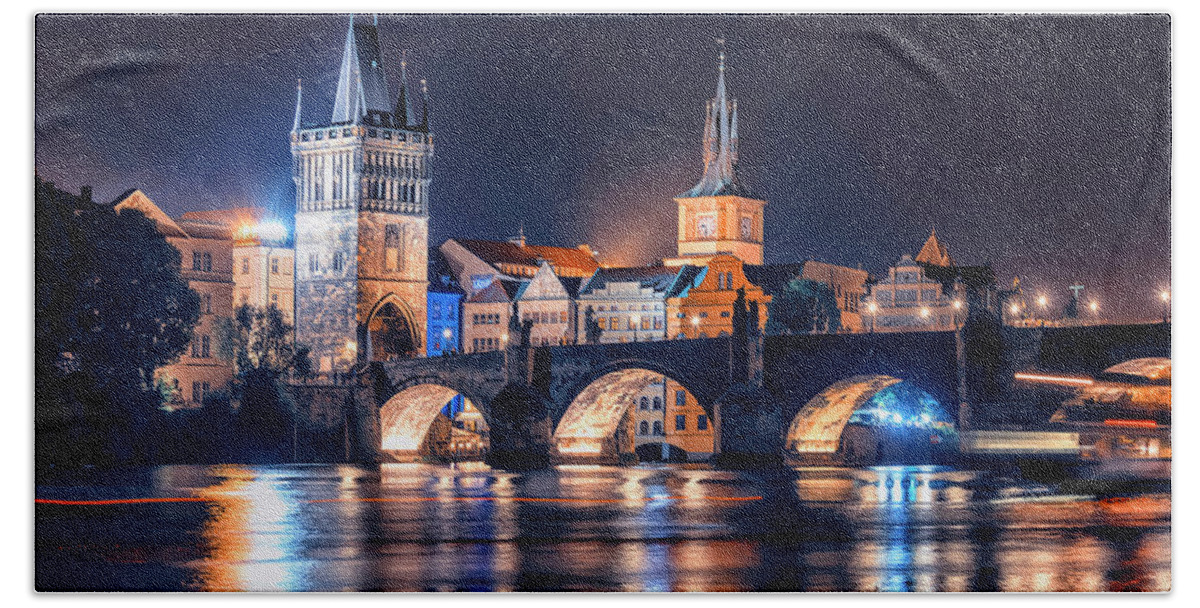 Prague Hand Towel featuring the photograph Prague By Night by Manjik Pictures