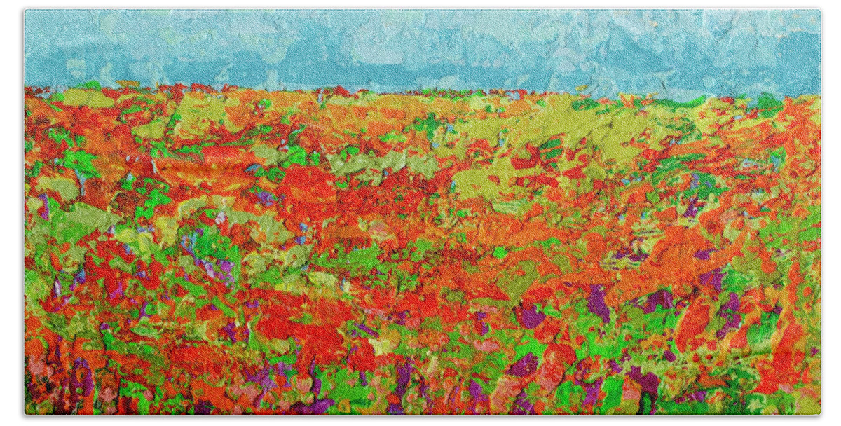 Sky Painting Bath Towel featuring the painting Prairie of WildFlower Field - Modern Impressionist Artwork by Patricia Awapara