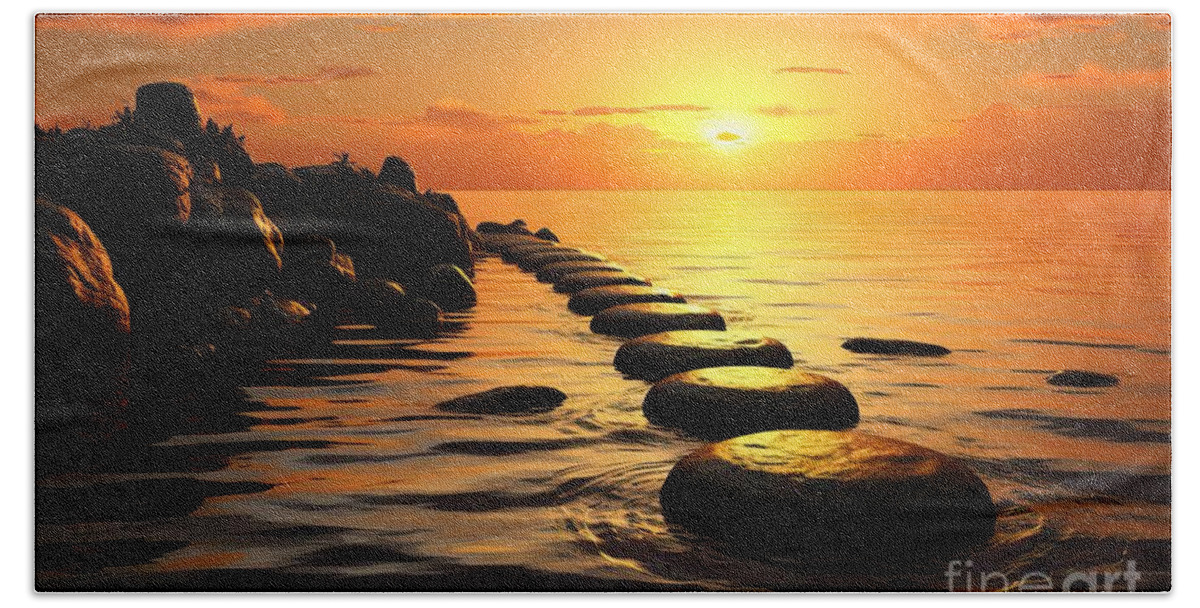 Zen Hand Towel featuring the painting premium Zen path of stones on sunset in widescreen by N Akkash