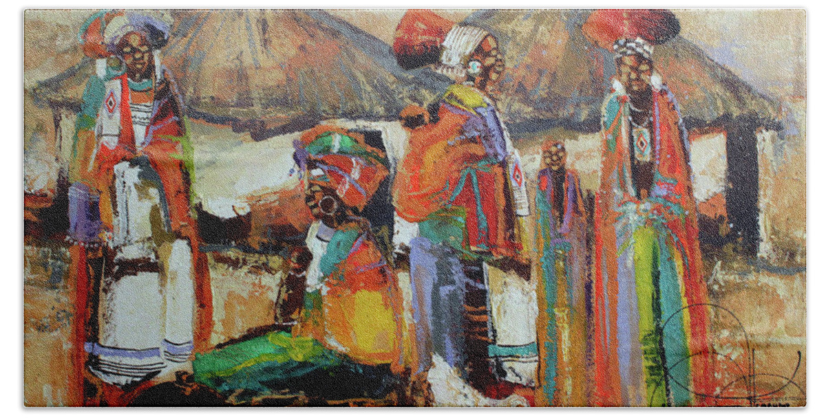 Nni Bath Towel featuring the painting Preparing The Feast by Ndabuko Ntuli