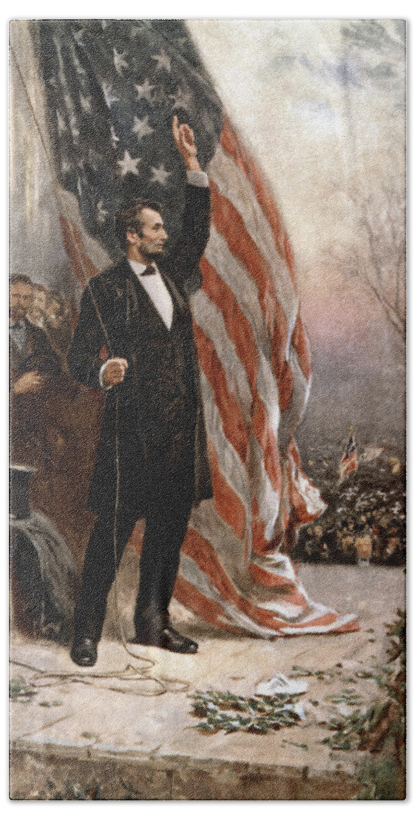 Abraham Lincoln Hand Towel featuring the painting President Abraham Lincoln Giving A Speech by War Is Hell Store