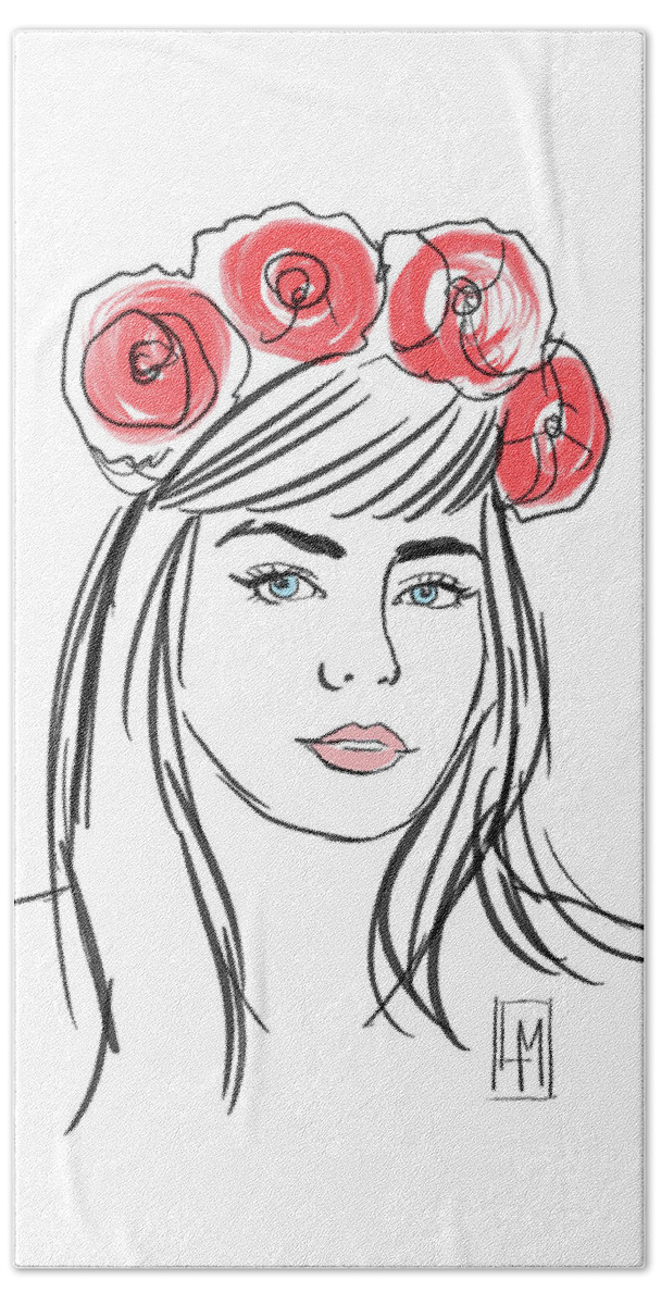 Pretty Hand Towel featuring the drawing Pretty Girl with Roses in her Hair by Luisa Millicent