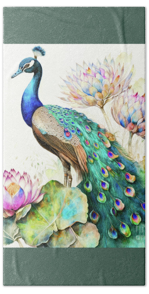 Peacock Hand Towel featuring the painting Pretty Peacock 2 by Tina LeCour