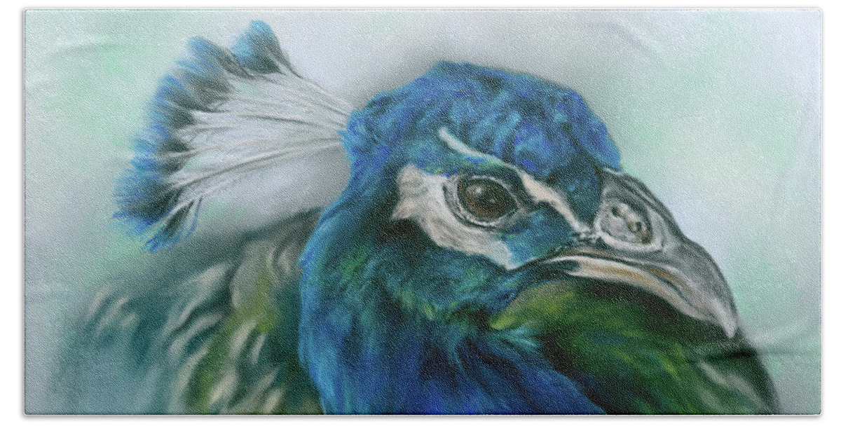 Bird Bath Towel featuring the painting Pretty Peacock Bird Portrait by MM Anderson