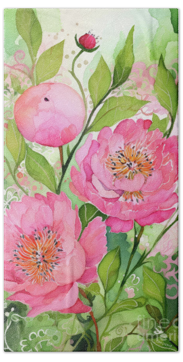 Pink Peony Hand Towel featuring the painting Pretty Pink Peonies by Tina LeCour