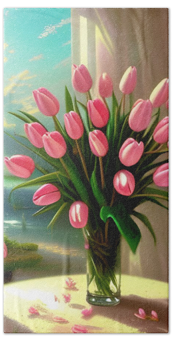 Floral Bath Towel featuring the digital art Pretty Pink Tulips by Katrina Gunn