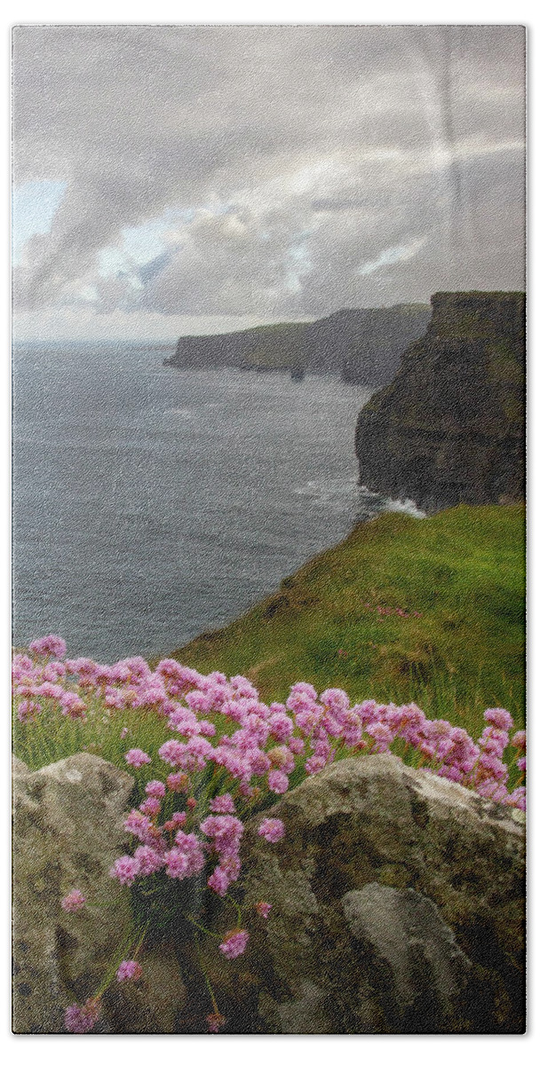 Sea Pink Bath Towel featuring the photograph Pretty with Pink Moher by Mark Callanan