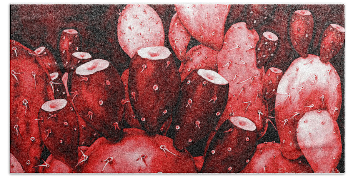 Cactus Bath Sheet featuring the painting Prickly Pear in Red by Hailey E Herrera