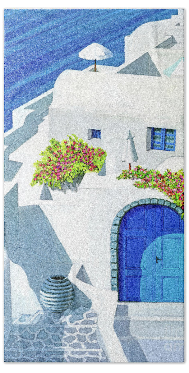 Santorini Bath Towel featuring the painting Prints of SANTORINI SUN made from Oil Painting by Mary Grden