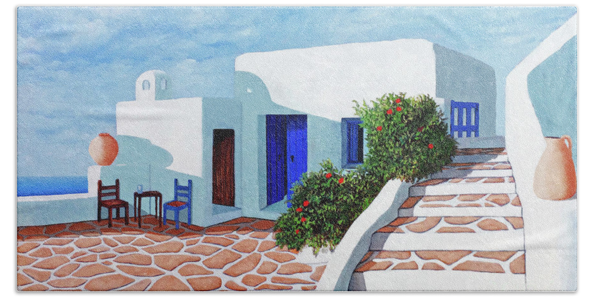 Santorini Bath Towel featuring the painting SANTORINI MORNING-prints of painting-more by Mary Grden