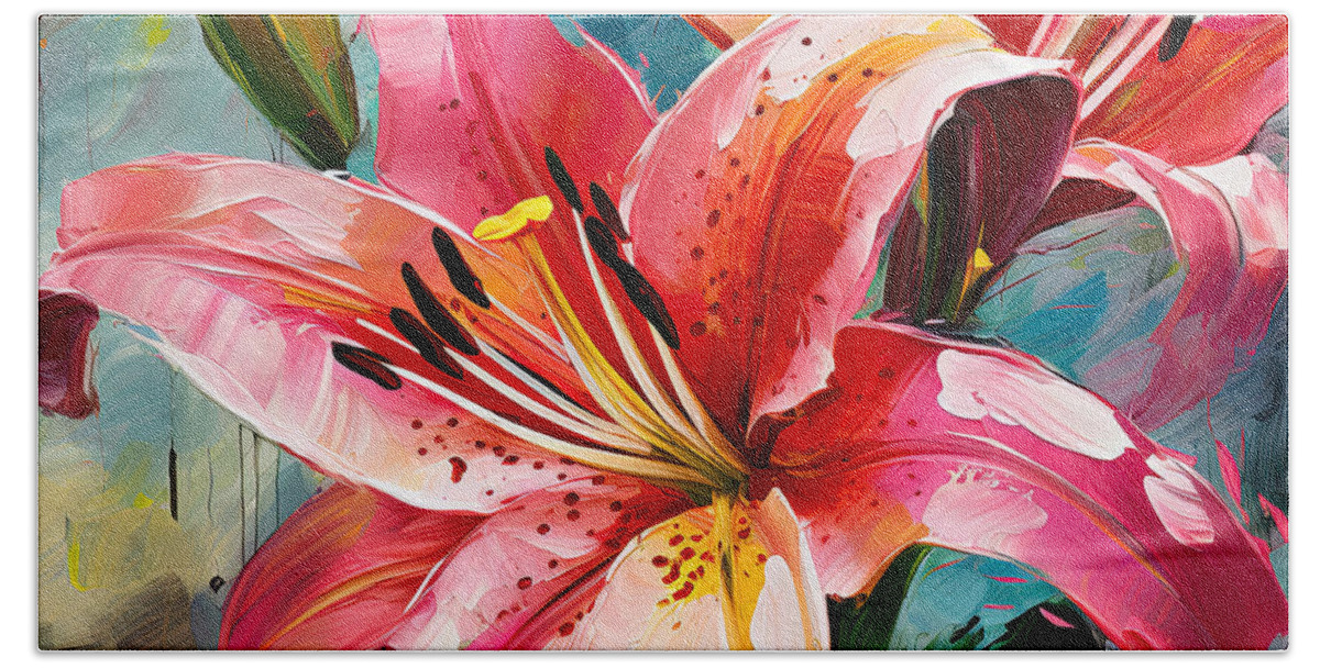 Asiatic Lily Hand Towel featuring the painting Promise Of Spring - Asiatic Lilies Art by Lourry Legarde