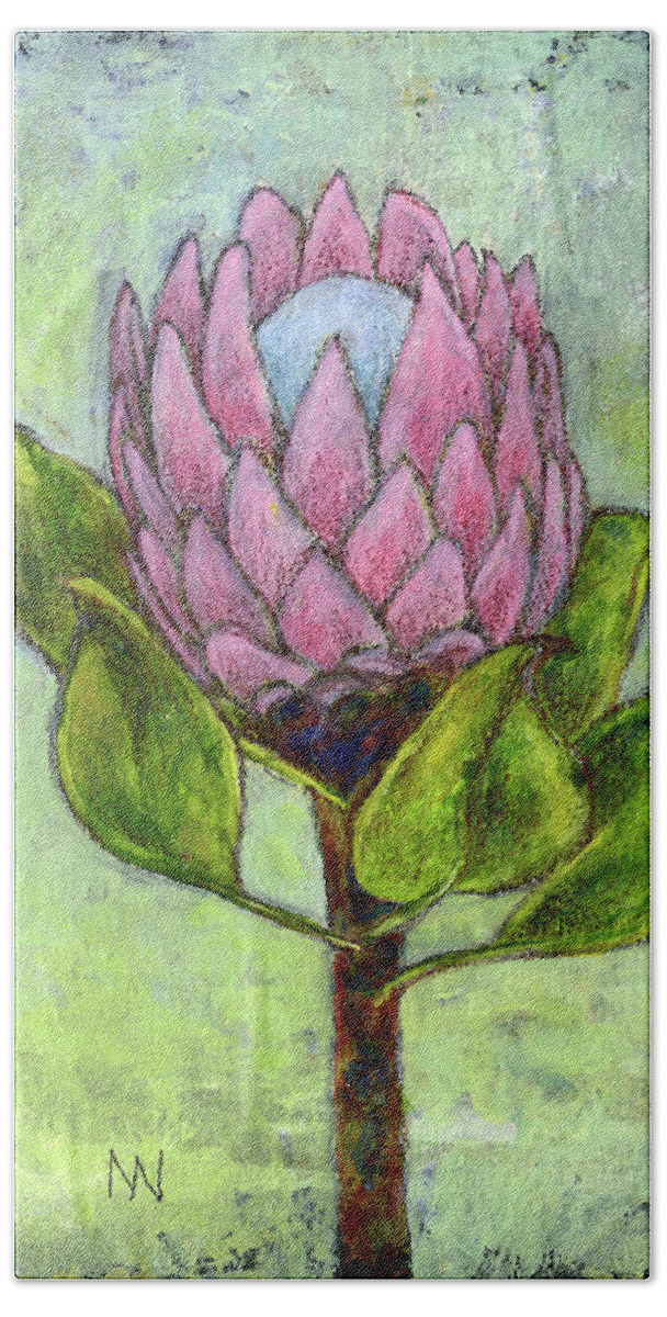 Protea Hand Towel featuring the mixed media Protea Flower by AnneMarie Welsh