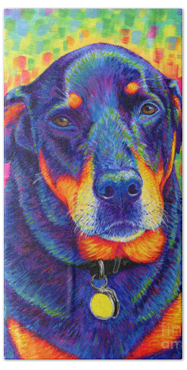 Rottweiler Hand Towel featuring the painting Psychedelic Rainbow Rottweiler by Rebecca Wang