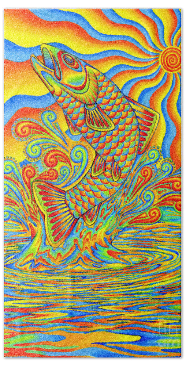 Psychedelic Hand Towel featuring the drawing Psychedelic Rainbow Trout Fish by Rebecca Wang