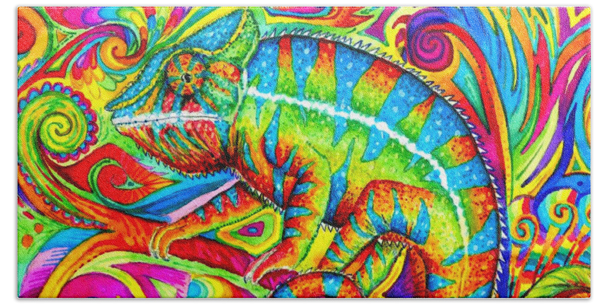 Chameleon Hand Towel featuring the drawing Psychedelizard - Psychedelic Rainbow Chameleon by Rebecca Wang