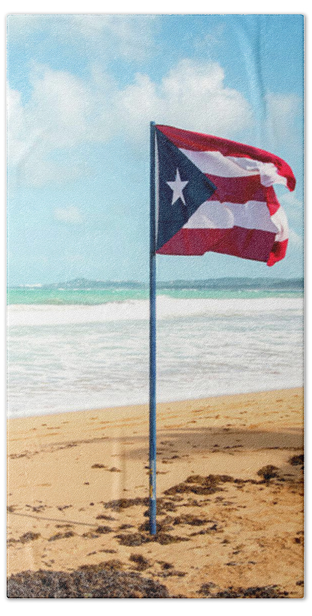 Puerto Hand Towel featuring the photograph Puerto Rican Flag on the Beach, Pinones, Puerto Rico by Beachtown Views