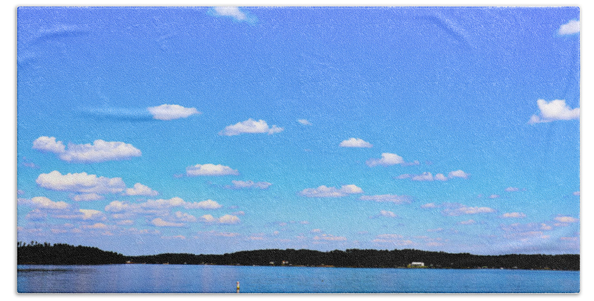 Lake Hand Towel featuring the photograph Puff Cloud Skies by Ed Williams