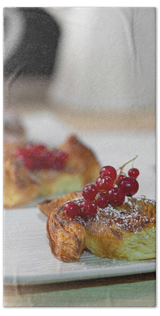 Pastry Bath Towel featuring the photograph Puff Pastry with Red Currant Art Photo by Lily Malor