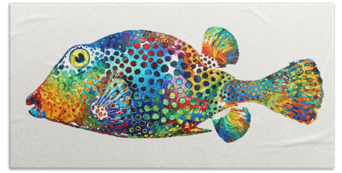 Fish Hand Towel featuring the painting Puffer Fish Art - Puff Love - By Sharon Cummings by Sharon Cummings