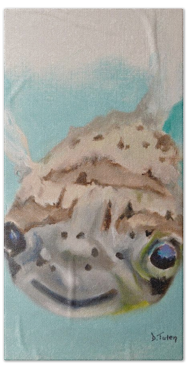 Pufferfish Bath Towel featuring the painting Puffer Fish Underwater Painting Series by Donna Tuten