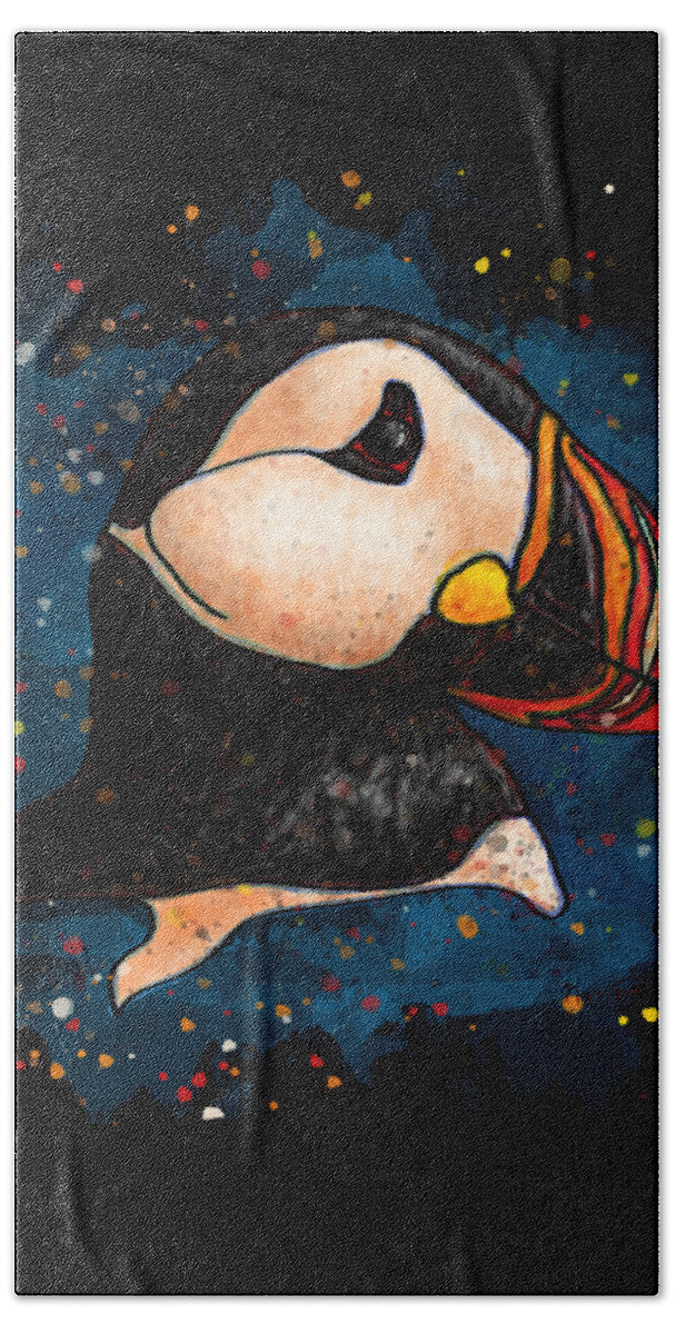 Puffin Bath Towel featuring the painting Puffin head on black background, Splatter art puffin by Nadia CHEVREL