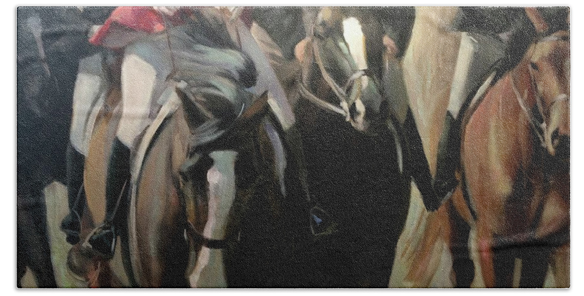 Horse Horses Foxhunt Animals Equestrian Oil Painting Contemporary Bath Towel featuring the painting Pulling on the rein by Susan Bradbury