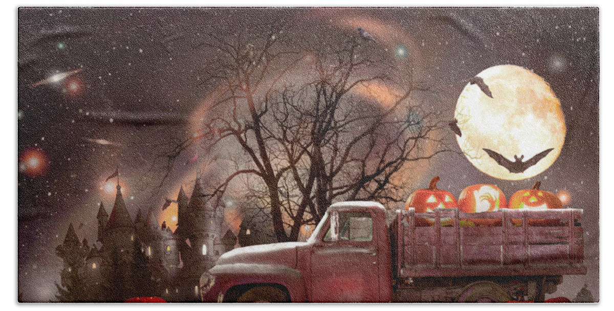 Truck Bath Towel featuring the photograph Pumpkins under the Halloween Country Moon by Debra and Dave Vanderlaan