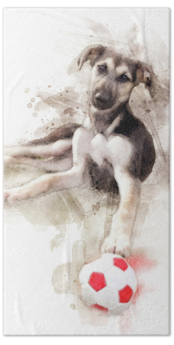 Watercolor Hand Towel featuring the painting Puppy waiting for his master to play with watercolor by Gregory DUBUS
