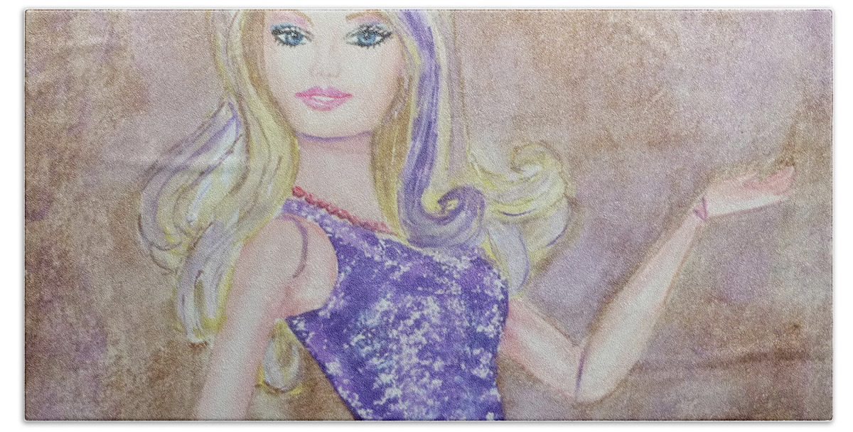 Barbie Doll Hand Towel featuring the painting Purple Barbie Doll by Kelly Mills