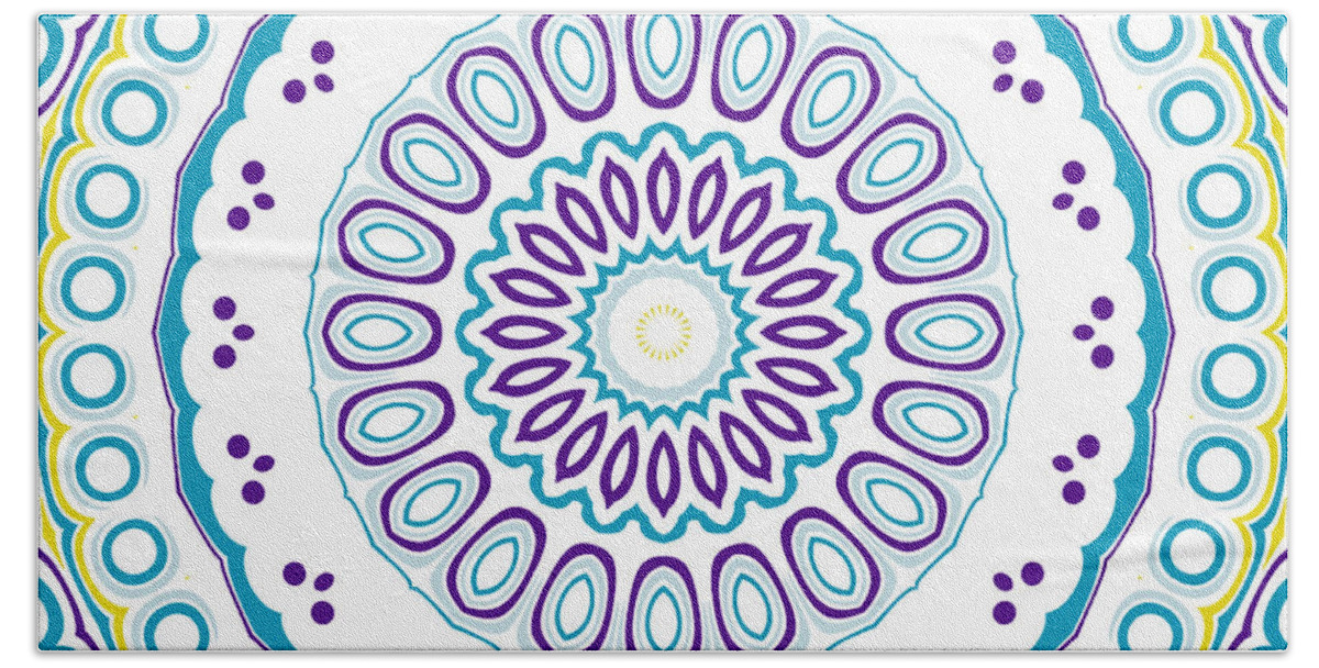Purple Bath Towel featuring the digital art Purple Blue Yellow Mandala Kaleidoscope Medallion Flower by Mercury McCutcheon
