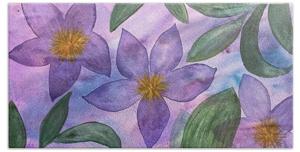Purple Flowers Bath Towel featuring the painting Purple Flowers by Lisa Neuman