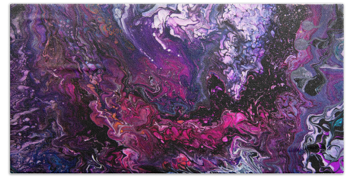 Space Celestial Purple Fantastic Bath Towel featuring the painting Purple Galaxy View 7668 by Priscilla Batzell Expressionist Art Studio Gallery