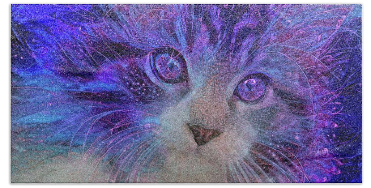 Blue Cats Bath Towel featuring the mixed media Electric Blue Maine Coon Kitten by Peggy Collins