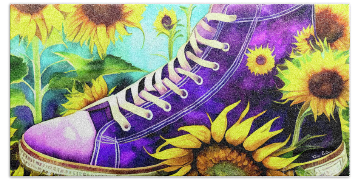 Sneakers Bath Towel featuring the painting Purple High Tops And Sunflowers by Tina LeCour
