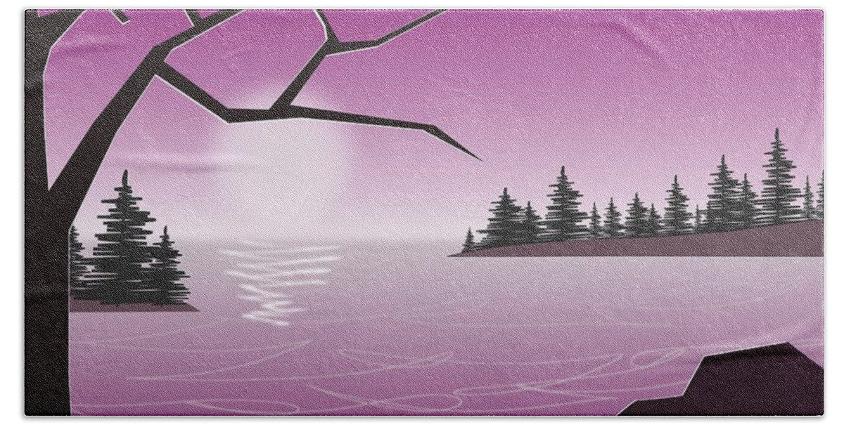 Reflection Bath Towel featuring the digital art Purple Lake by Anastasiya Malakhova