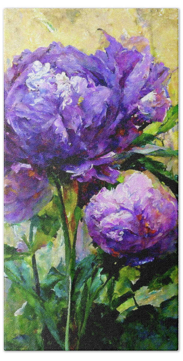 Peony Flowers Hand Towel featuring the painting Purple Passion Peonies by Tina LeCour