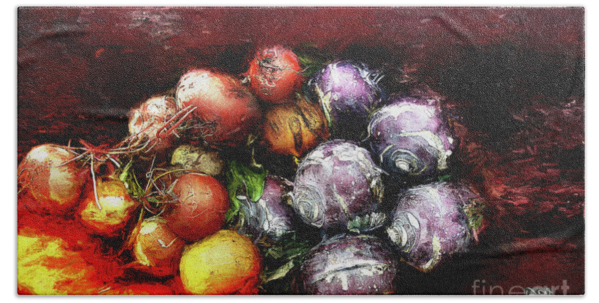Food Hand Towel featuring the digital art Purple Radishes by Deb Nakano