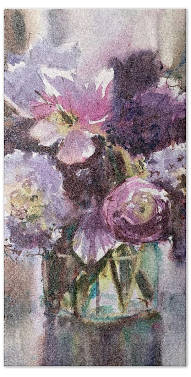 Floral Hand Towel featuring the painting Purple Reign by Judith Levins