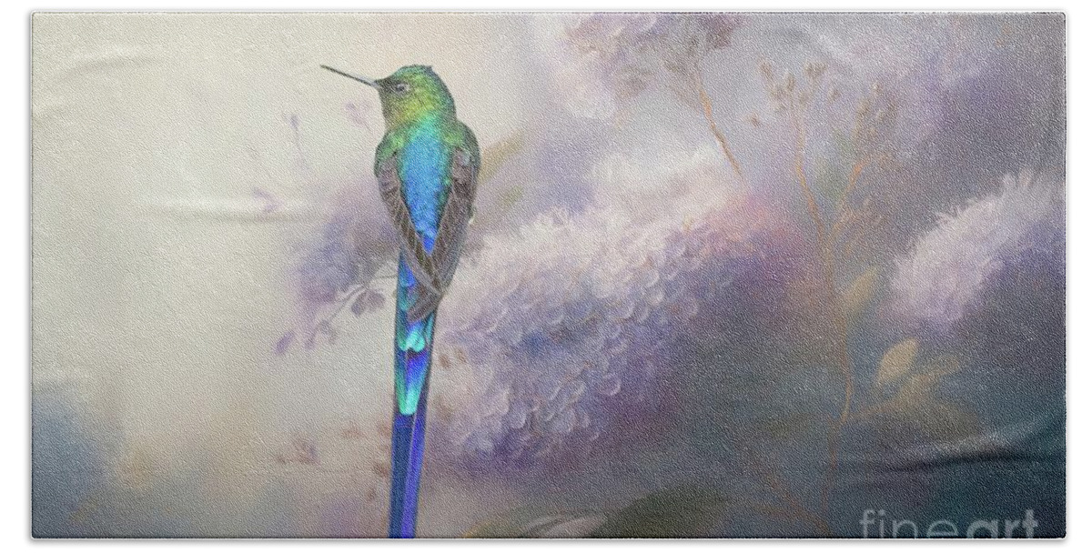 Violet-tailed Sylph Bath Towel featuring the mixed media Purple-Tailed Sylph by Eva Lechner