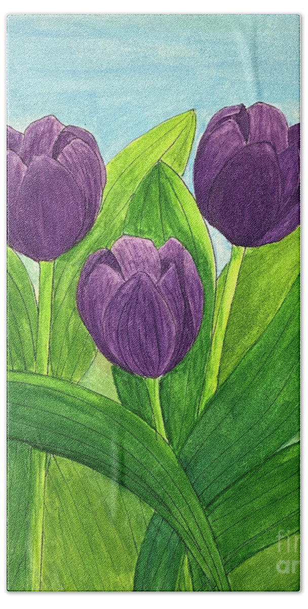 Purple Bath Towel featuring the mixed media Purple Tulips by Lisa Neuman