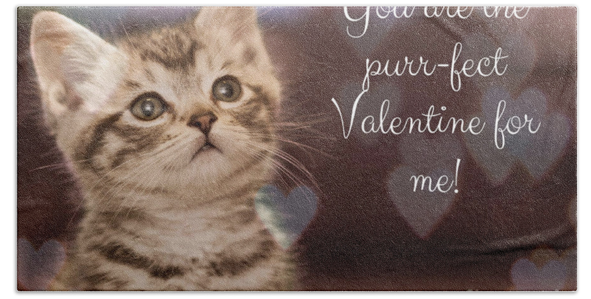 Valentine; Valentine Card; Hearts; Kitten; Cat; Bokeh; Cute; Hand Towel featuring the photograph Purr-fect Valentine by Tina Uihlein