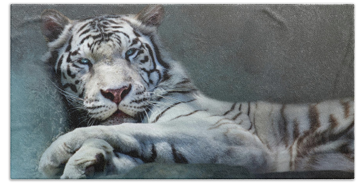 Tiger Bath Towel featuring the digital art Purrfectly Content by Nicole Wilde