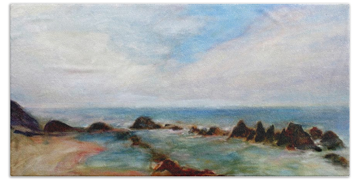 Seal Rock Hand Towel featuring the painting Push and Pull - Scenic Seascape Painting by Quin Sweetman